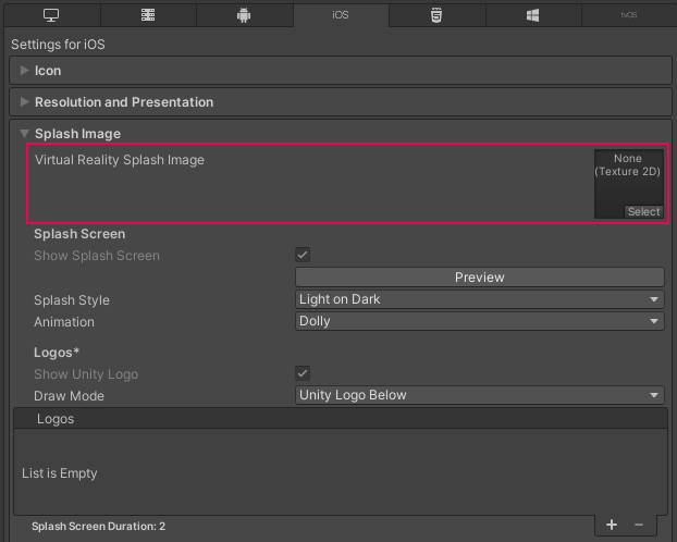 Splash Settings for the iOS platform