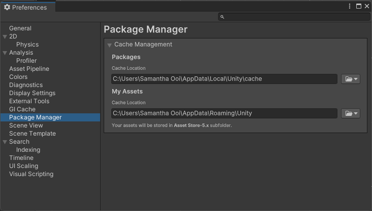 The Preferences window with the Package Manager category selected