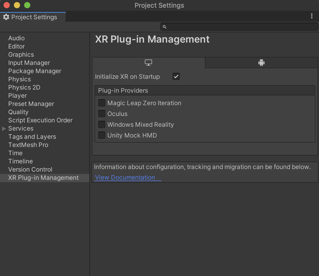 Note: We recommend fixing any upgrade-related script errors before installing XR Plug-in Management.