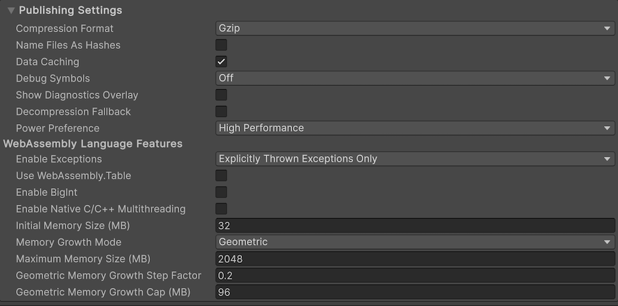 Publishing settings for the WebGL platform