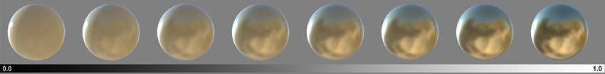 A range of metallic values from 0 to 1 (with smoothness at a constant 0.8 for all samples)