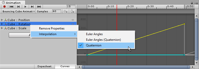 Transform rotations can use Euler Angles interpolation or Quaternion interpolation.