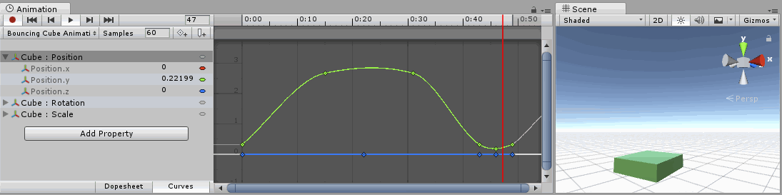 Animation Curves with the color indicators visible. In this example, the green indicator matches the Y position curve of a bouncing cube animation