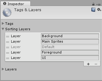 The Sorting Layers list, showing four custom sorting layers