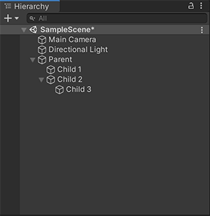  Child 1 and Child 2 are the child GameObjects of Parent. Child 3 is a child GameObject of Child 2, and a descendant GameObject of Parent.