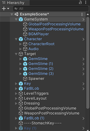 Example of a Parent-Child hierarchy. GameObjects with foldout arrows to the left of their names are parents.