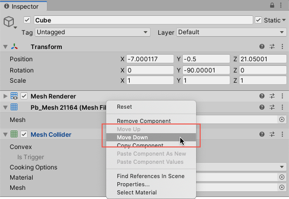 Reordering GameObject components in the Inspector using the context menu