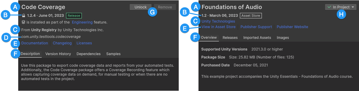 Package details for a Unity package (left) and an Asset Store package (right)