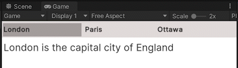A tabbed menu with three tabs: London, Paris, and Ottawa. Each tab displays a label with the capital city name and a description.