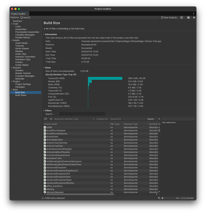 Project Auditor window with the Build Size view open