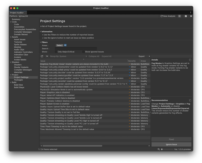 Project Auditor window with the Project Settings view open