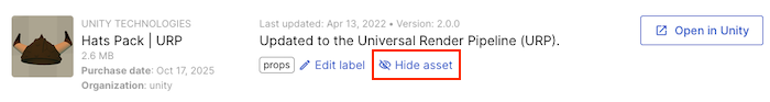 An asset with the Hide asset link highlighted.