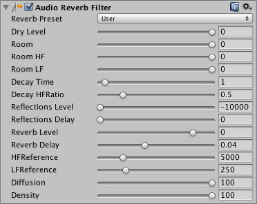 The AudioGroup Inspector displays the configurable properties of an Audio Reverb Filter.