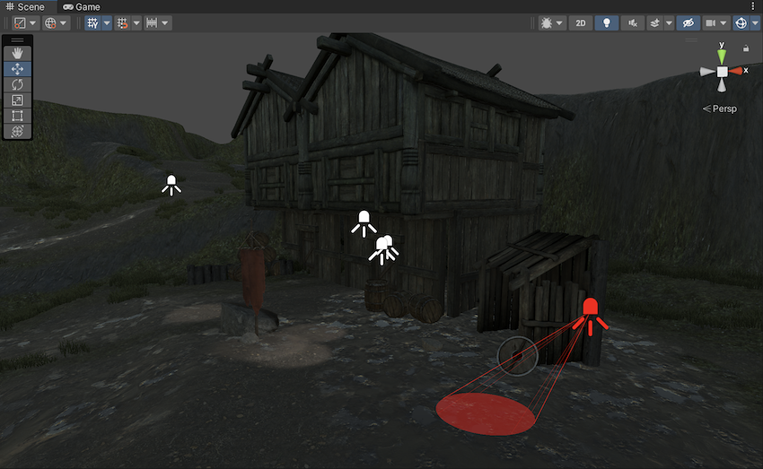 A wooden village scene in Light Overlap mode. Five light sources are visible. Four are white and contribute to the shadow mask textures. The fifth is red and displays a light cone, and doesnt contribute.