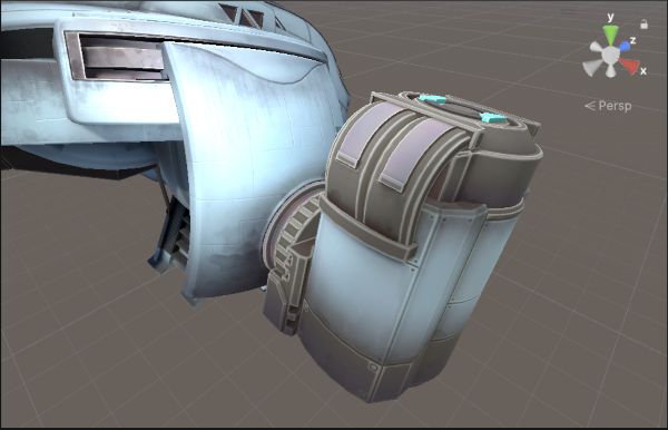 A spaceship with a color texture, but no texture for metallic and smoothness. The whole object has a single Metallic and Smoothness value, and a flat appearance.