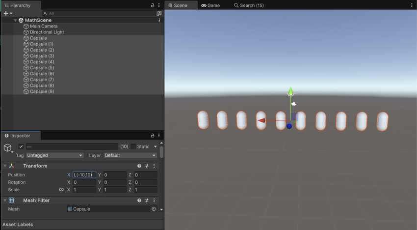 The X field has the value L(-10,10). The selected capsules are evenly distributed along the x-axis from -10 to 10.