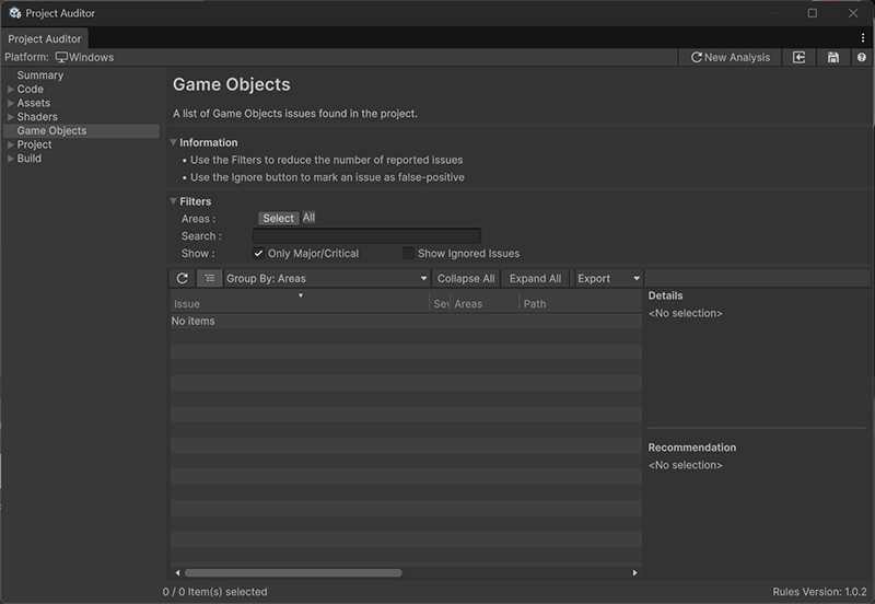 Project Auditor Game Objects view