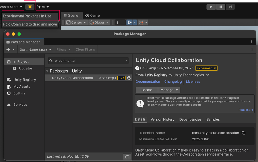 The Experimental Packages In Use tooltip appears as a warning in the Editor toolbar