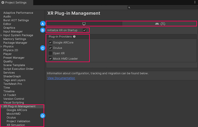 The XR Plug-in Management section of the Project Settings.