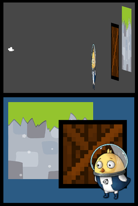 A side view of three sprites positioned at different depths in front of an orthographic camera. In the Scene view, the sprites at the back render behind the sprites in front.