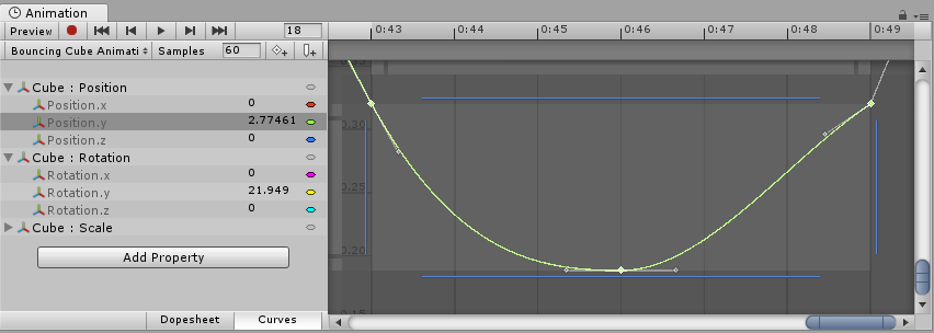 Animation window zoomed in on a few selected keyframes of an animation.
