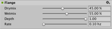 The AudioGroup Inspector displays the configurable properties of an Audio Flange Effect.