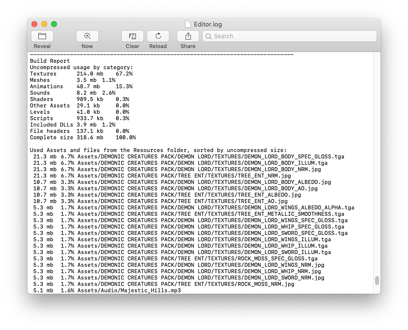 The Editor log just after a build