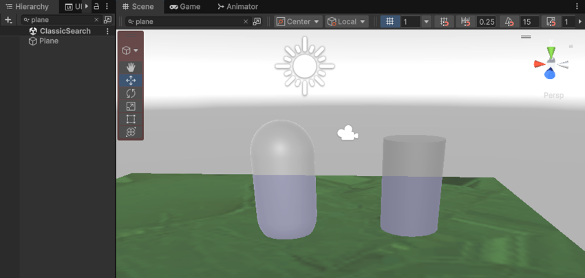 Scene and Hierarchy showing only the plane GameObject in full color.