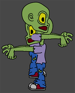 Two instances of the prefab without a sorting group. The sprites render incorrectly, because the body parts are all on the same sublayers.