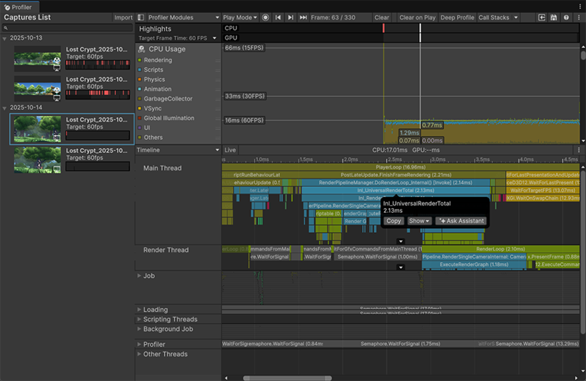 Profiler window with a frame in the CPU Usage Profiler module selected.