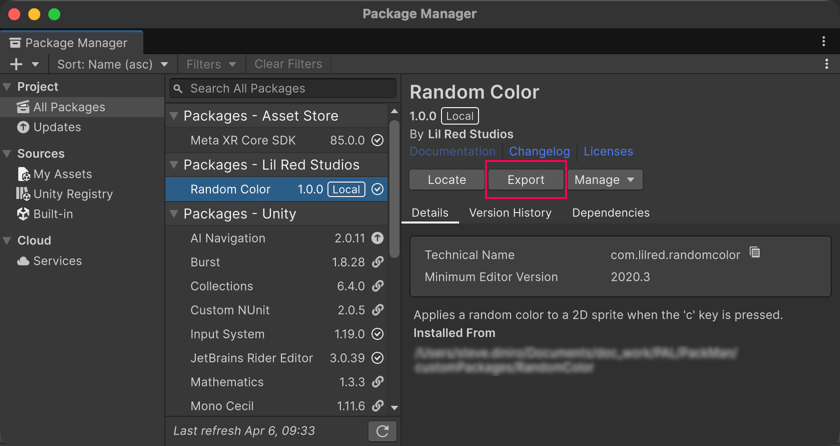 The Package Manager window with the Export button for an editable package
