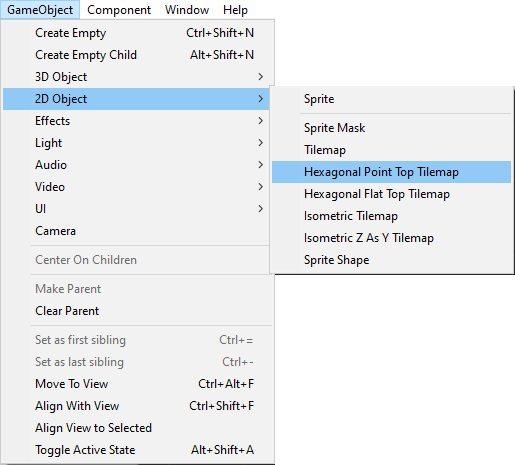 Hexagonal Tilemap options in the 2D Object menu