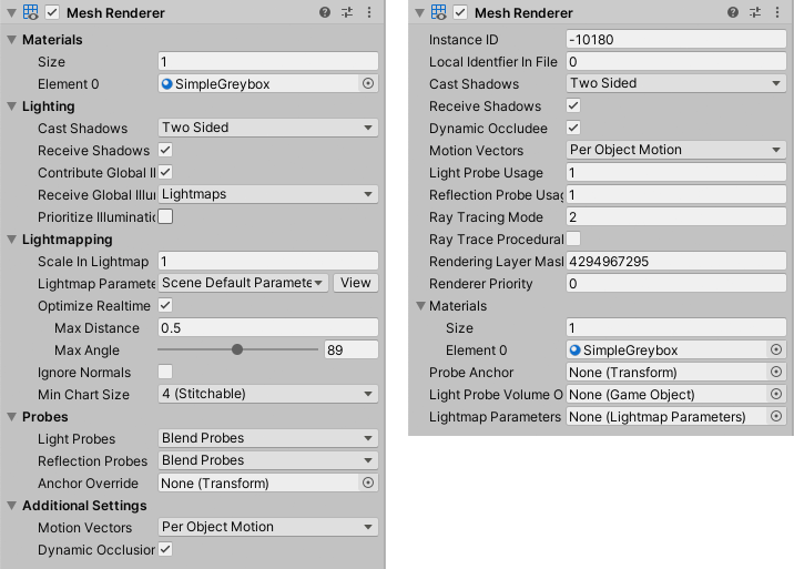 A Mesh Renderer component in Normal mode (left) and Debug mode (right)