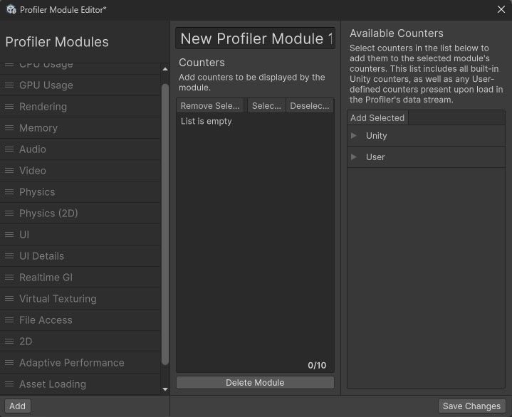 Profiler Module Editor with User counters listed.