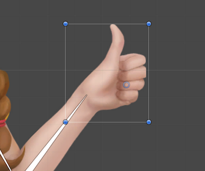 The thumbs-up sprite is now correctly attached to the wrist.