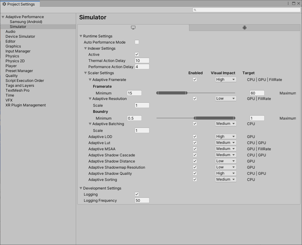 Adaptive Performance Device Simulator Settings.