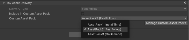 Play Asset Delivery schema displaying custom asset pack selection