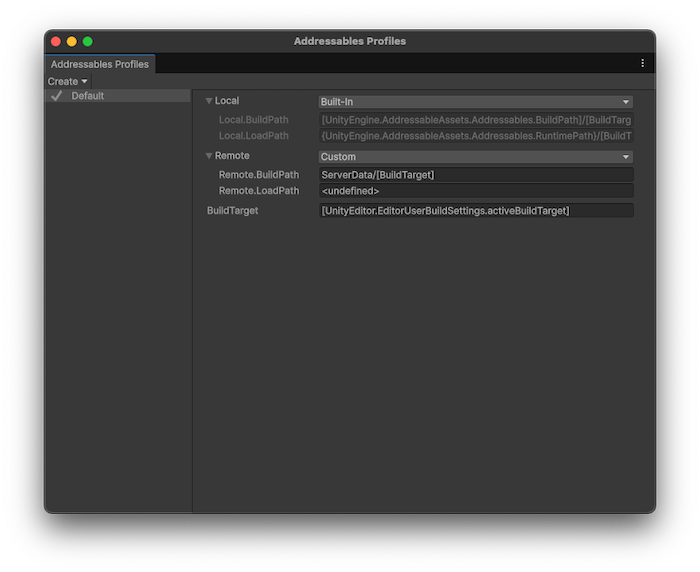 The Addressables Profiles window displaying the default profile.