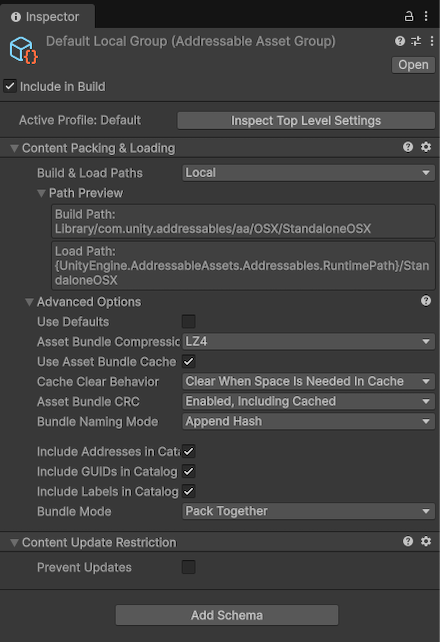 The Inspector window for the Default Local Group.