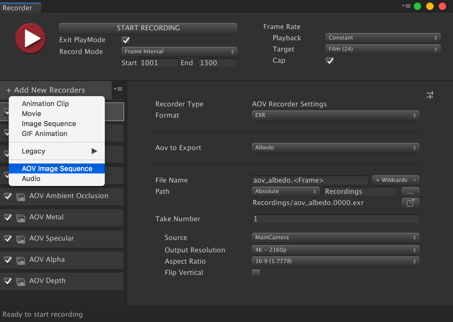 Create an new AOV Image Sequence recorder.