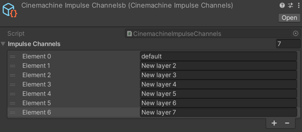 The Cinemachine Impulse Channels script properties in the Inspector, with several channels added.
