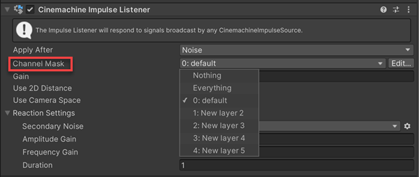 The Cinemachine Impulse Listener component in the Inspector, with an emphasis on the Channel Mask property.