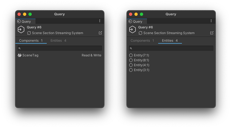 Query window, Component view (left), Entities view (right)