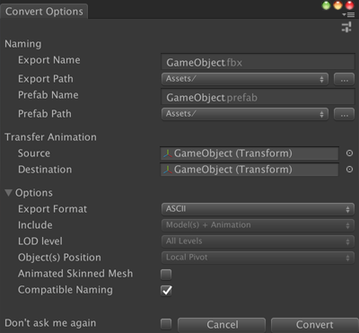 Convert Options for an FBX Prefab Variant