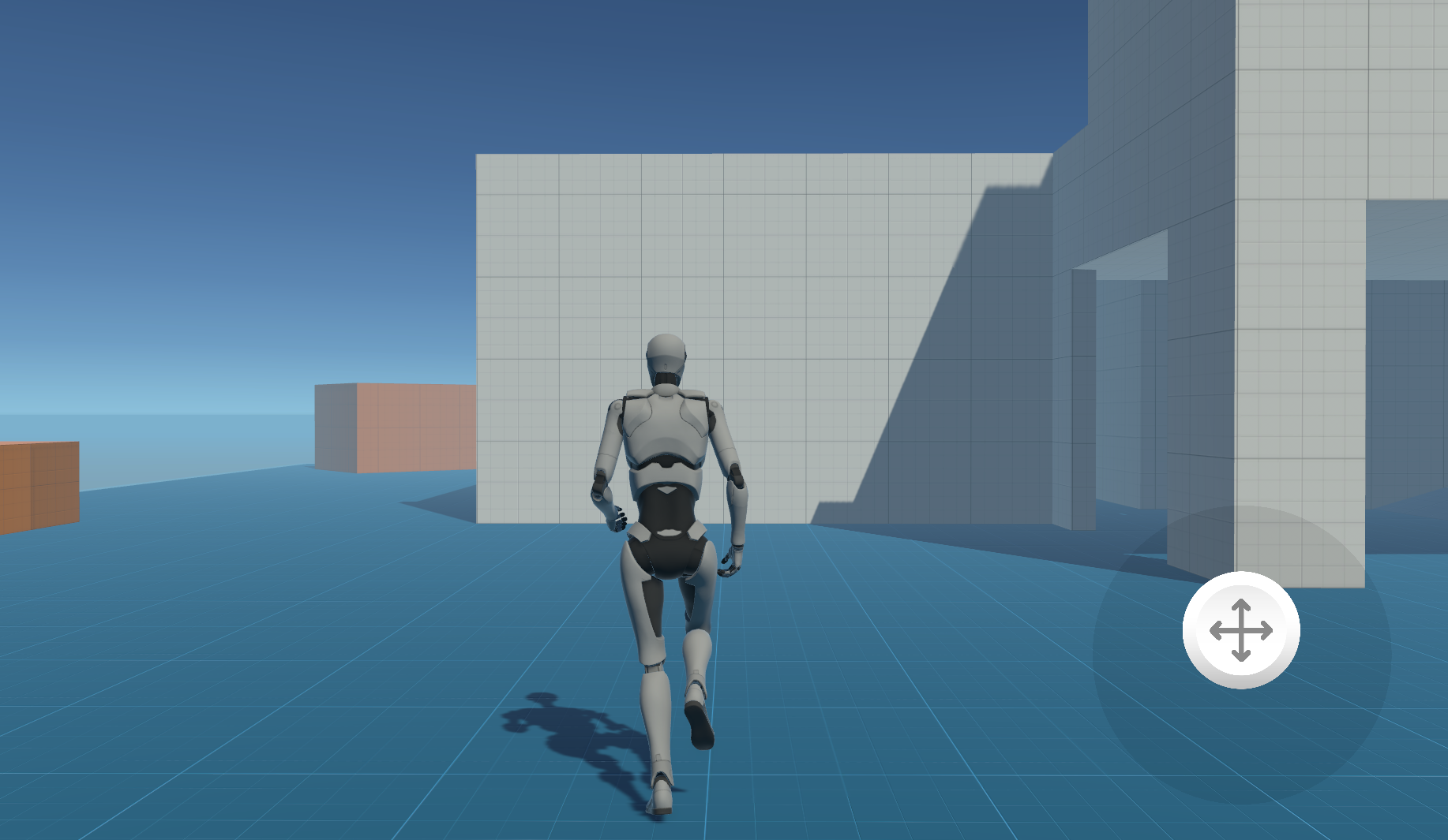 A player moves forward while the on-screen control stick is slightly pushed up.