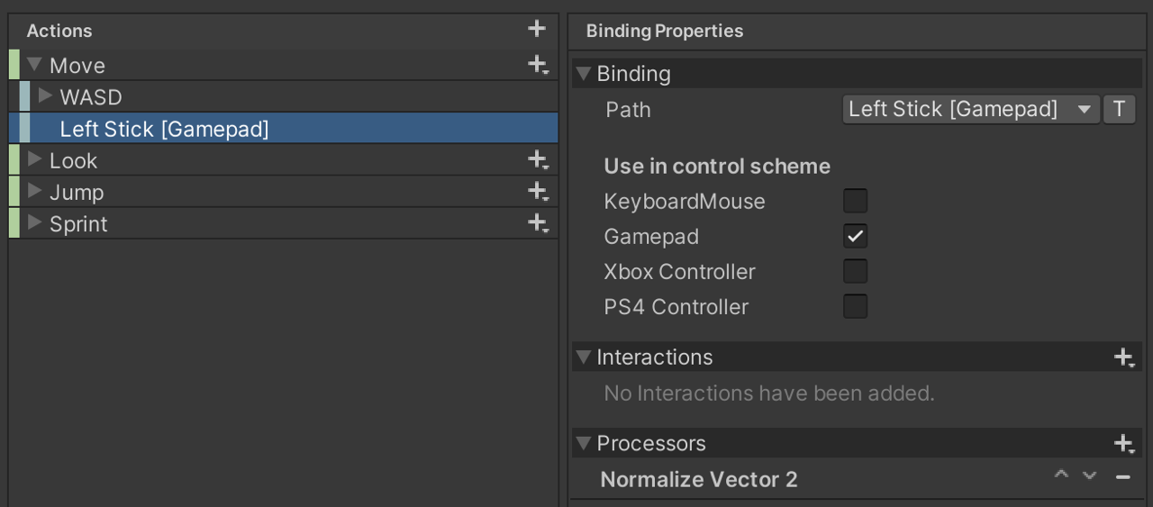 An example of a Normalize Vector 2 Processor setup in the Input Action Asset Editor