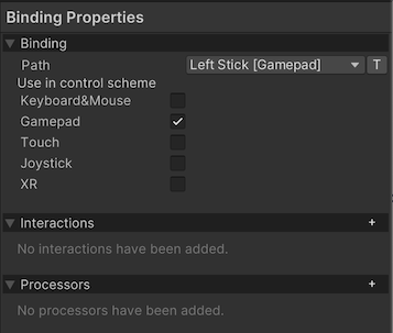 The Binding Properties panel displays the Path value as Left Stick [Gamepad].