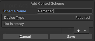 Gamepad appears as the Scheme Name value on the Add Control Scheme window.