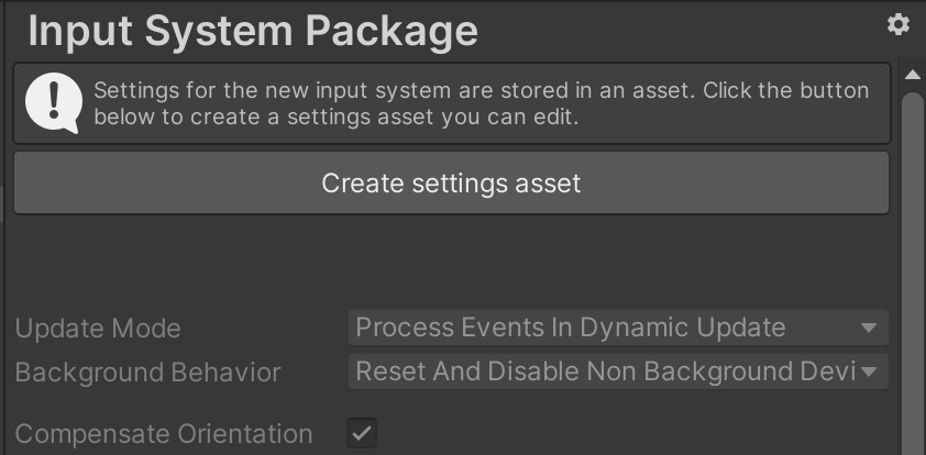 The Create settings asset button appears in the Input System Package window.