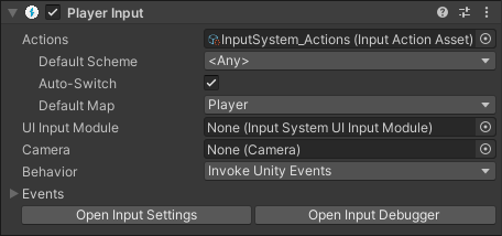 The PlayerInput component appears with Player set as the Default Map and the Behavior set to Invoke Unity Events.